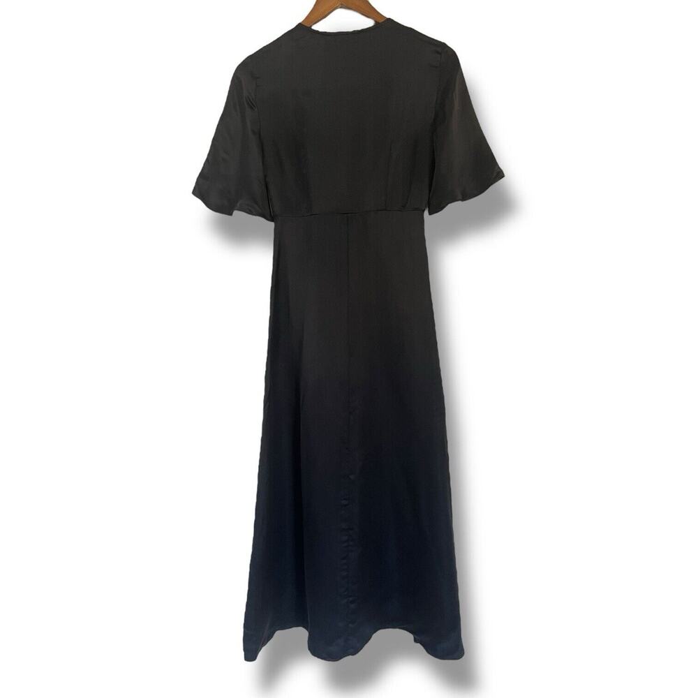 & Other Stories Black Silk Blend Satin Tie Front Midi Dress Sz 2 Flutter Sleeve - Picture 10 of 12